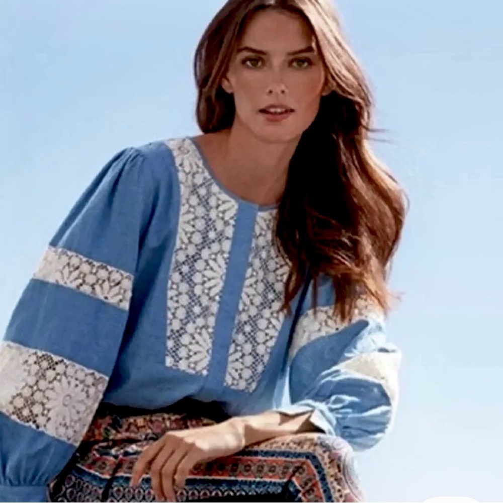 NWT Johnny Was $310 Thalassa Pieced Button Down Chambray Top Blouse Shirt Size S - Picture 16 of 16